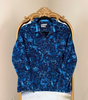 Lands End Blue Ocean Print Fleece Quarter Zip Sweatshirt